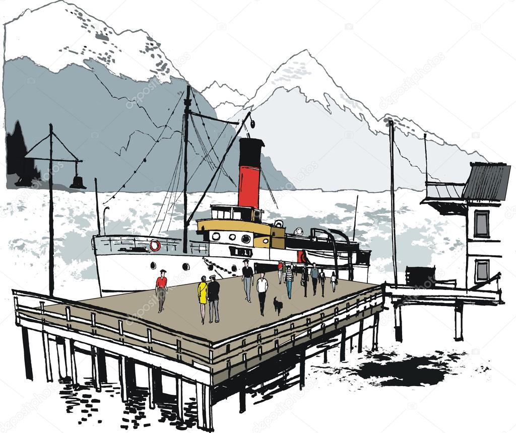 Vector illustration of historic steamship at wharf, Queenstown, New Zealand