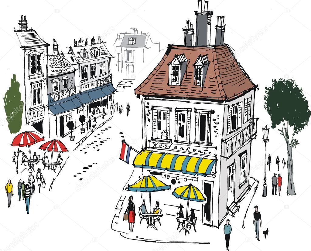 Vector illustration of small French village with cafes and