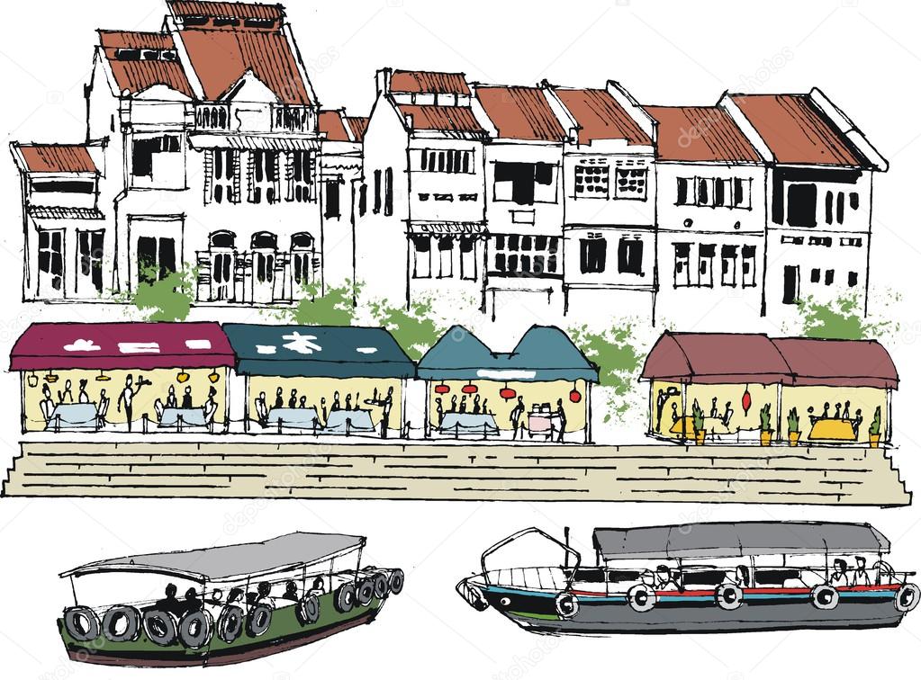 Vector illustration of old Singapore buildings, and river boats.