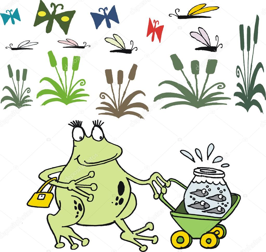 Vector cartoon of happy frog wheeling pram with tadpoles.