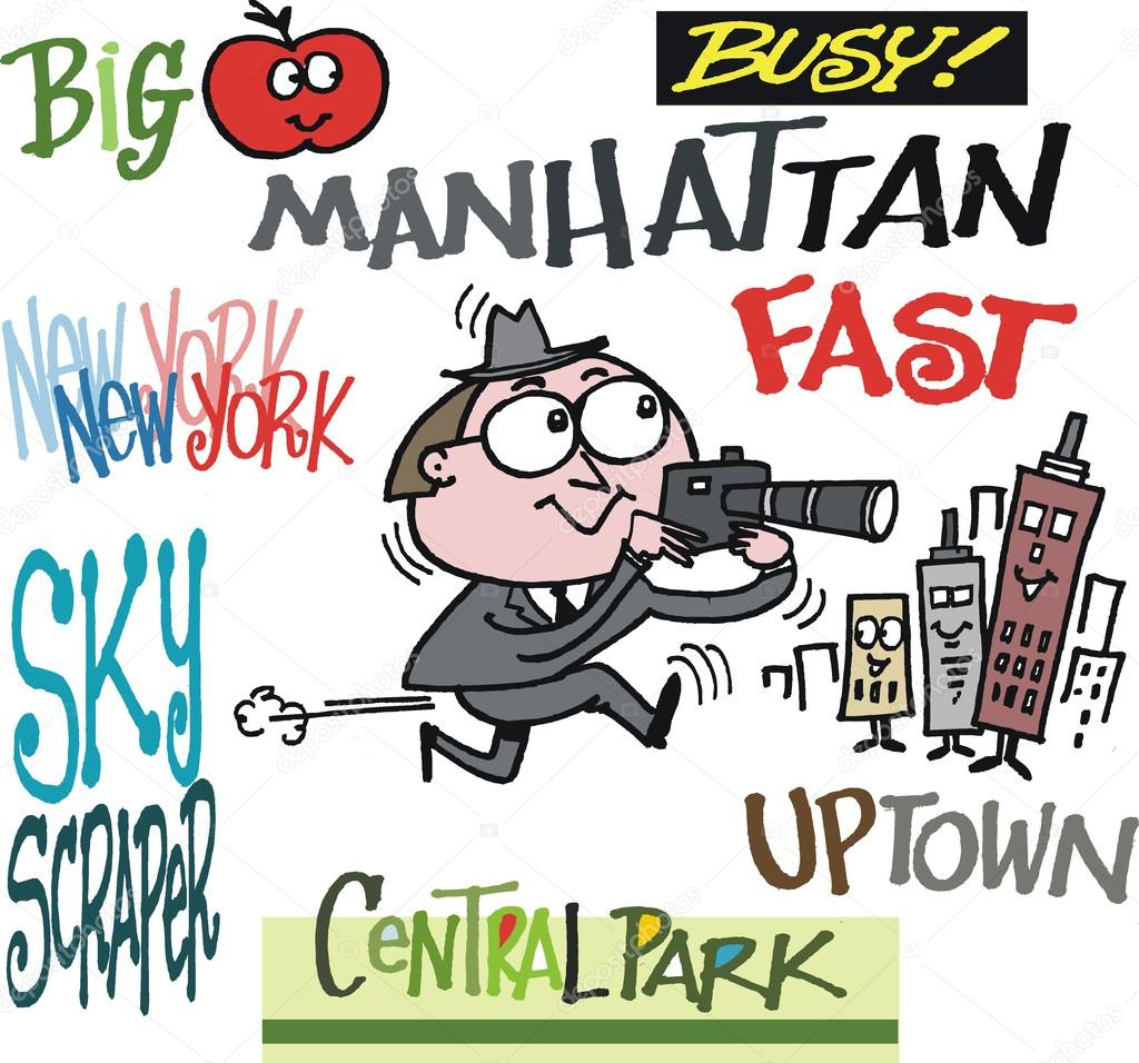 Vector cartoon of man taking photographs in New York with signs