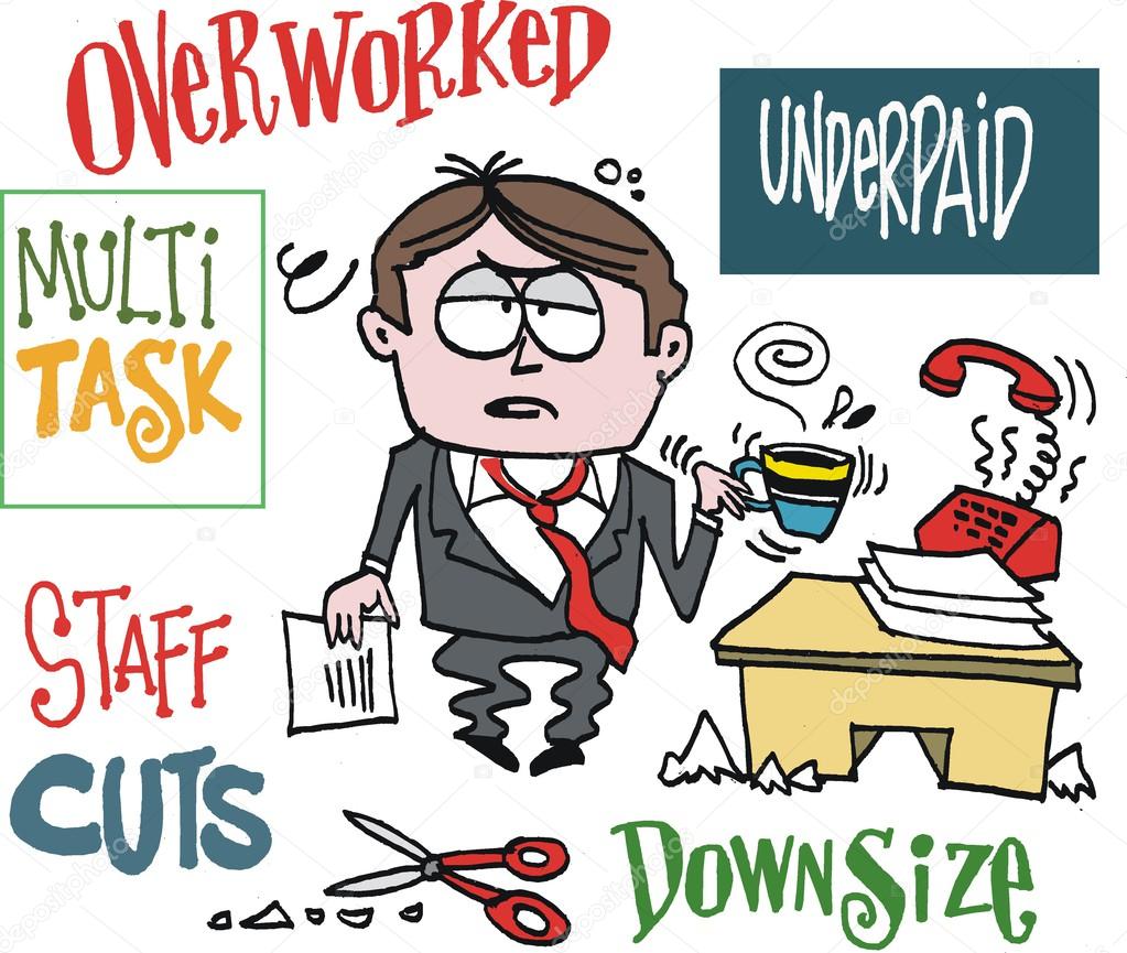 Vector cartoon of frustrated executive in office with signs.