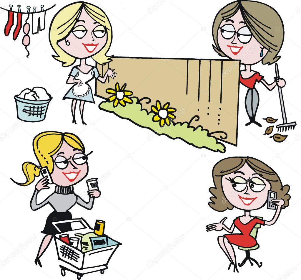 Vector cartoon of women chatting by phone and over fence.