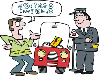 Vector cartoon of motorist arguing with traffic warden over ticket clipart