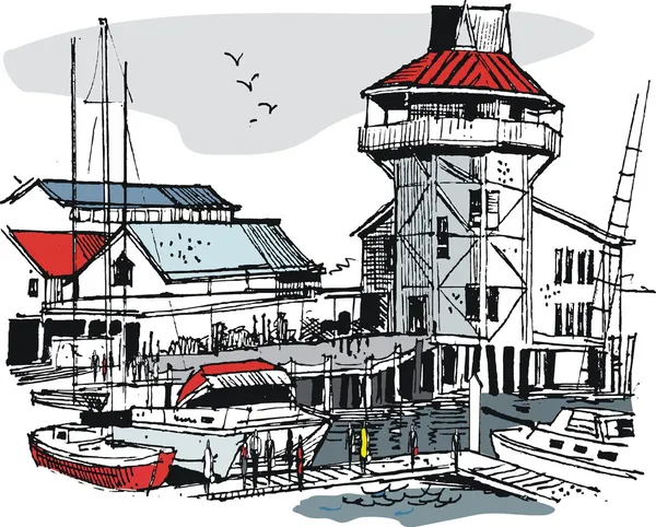Vektoros illusztráció, csónak kikötő, az épületek és a gyalogosok. — Stock Vector