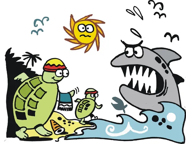 Vector cartoon van zeeschildpadden migreren op strand naar felle haai — Stockvector