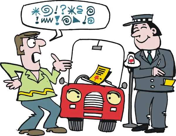 Caricature vectorielle de l'automobiliste discutant avec le gardien de la circulation sur le billet — Image vectorielle