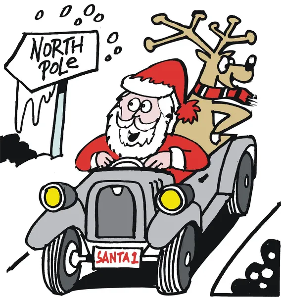 Vector cartoon of Santa Claus driving old vintage automobile — Stock Vector