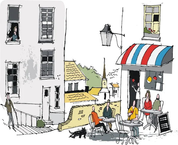 Vector illustration of old French cafe with diners, Europe. — Stock Vector