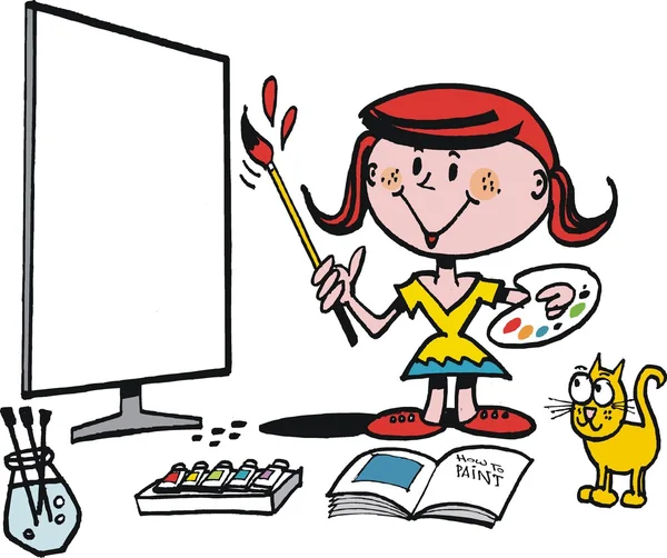 Vektor-Cartoon zeigt junge Mädchen beim Malen von Bild. — Stockvektor