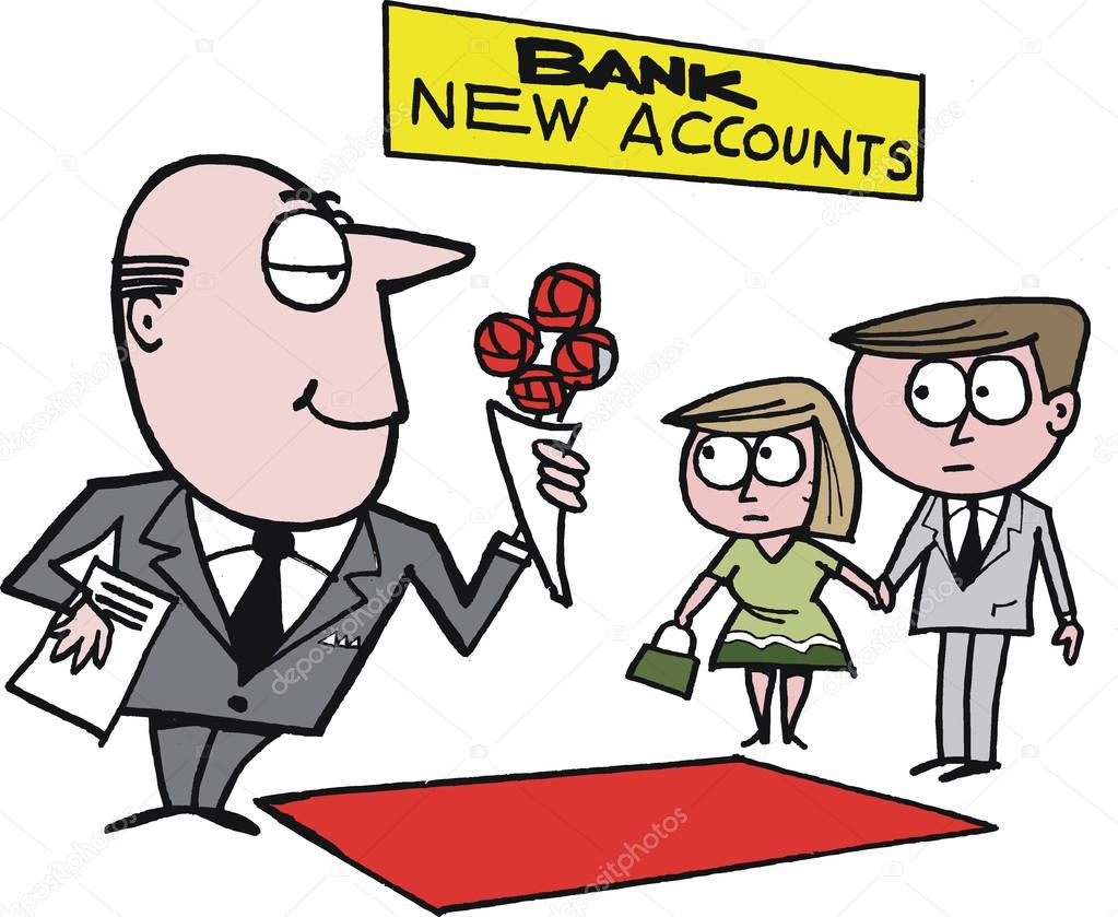 Vector cartoon of bank manager welcoming new customers