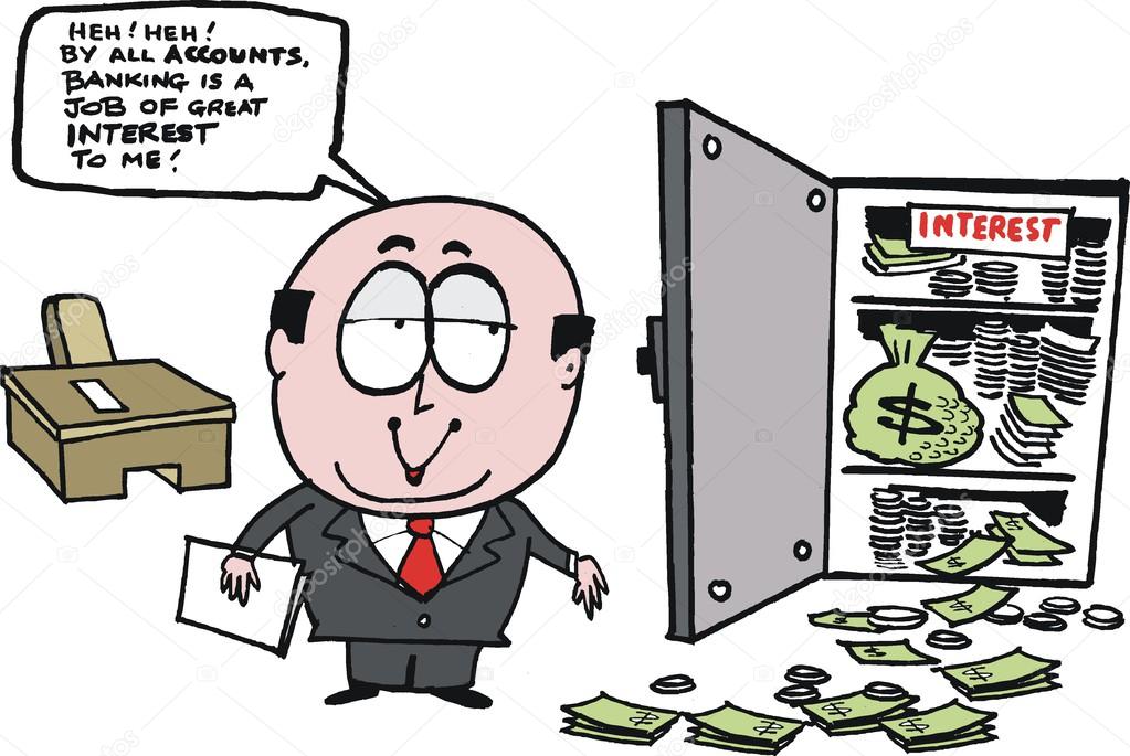 Vector cartoon of bank manager with safe full of money