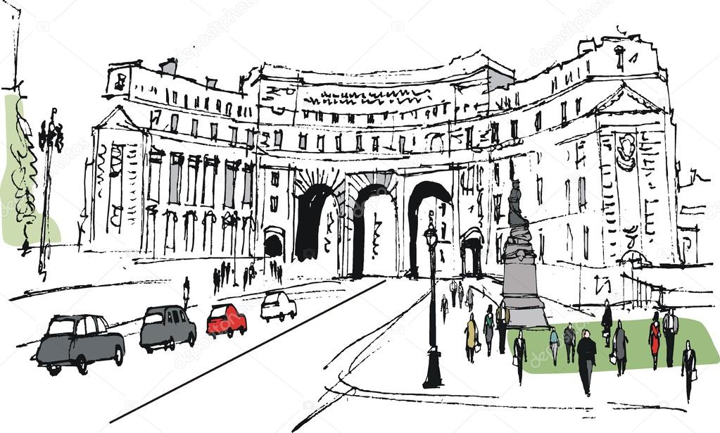 Vector illustration of historic arch, London England with pedestrians.