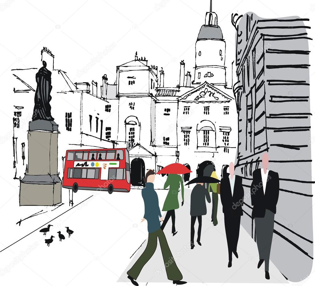 Vector illustration of pedestrians in city street, Whitehall, London