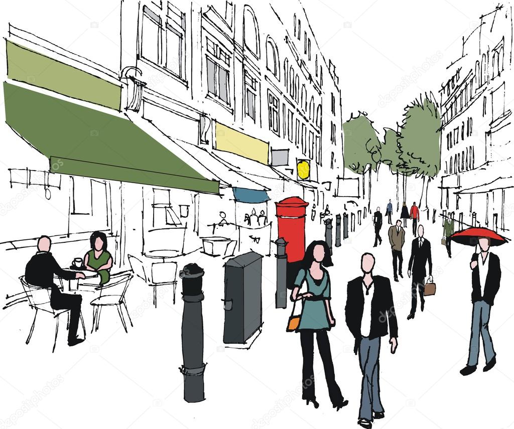 Vector illustration of London outdoor shopping mall and pedestrians ...