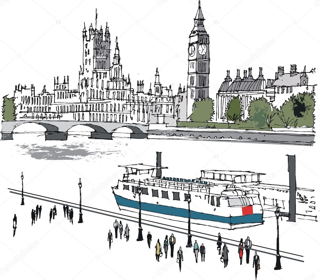 Vector illustration of river Thames and Westminster buildings — Stock