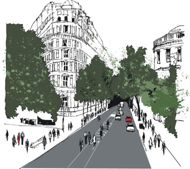 Vector illustration of Whitehall street scene with pedestrians, London clipart
