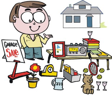 Vector cartoon of man selling items at garage sale.