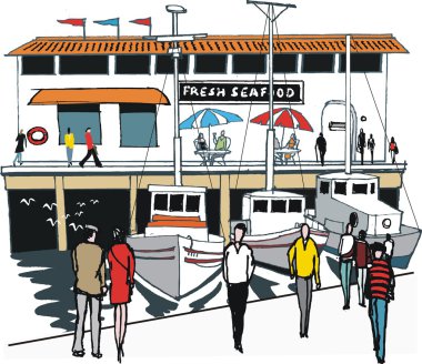 Deniz ürünleri Restoran tarafından demirlemiş teknelerin vektör çizim