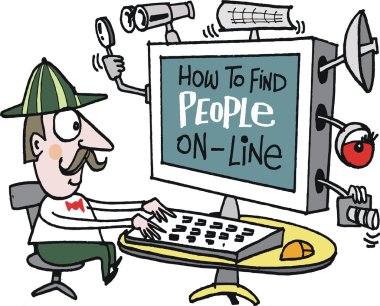 Vector cartoon of detective using internet to find