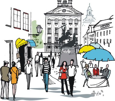 vektör çizim eski binalar ve kafe de stockholm, İsveç
