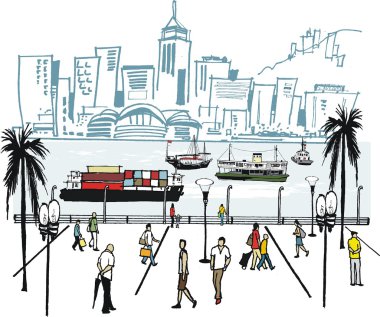 hong kong limanı ile yüksek binaların vektör çizim.
