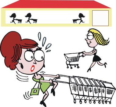 Vector cartoon of woman struggling with supermarket food cart. clipart