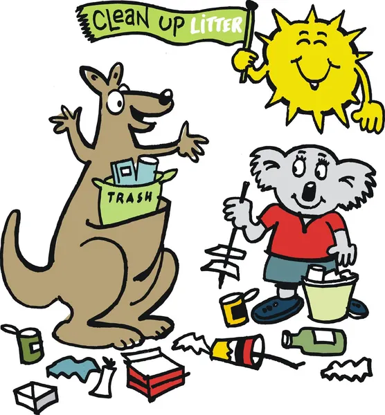 学习要捡起垃圾和垃圾的澳洲动物矢量卡通 — 图库矢量图片