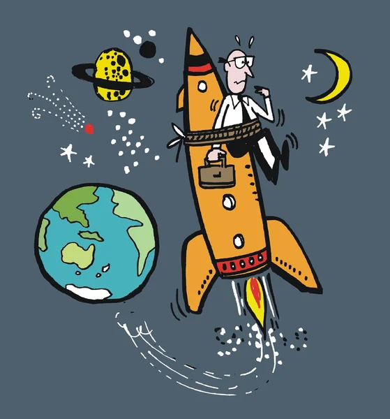 Διάνυσμα γελοιογραφία της στέλεχος επιχείρησης συνδέεται με πύραυλο στο διάστημα — Διανυσματικό Αρχείο