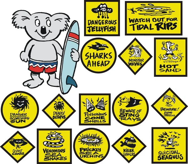 Vector cartoon showing surfing koala with warning signs — Stock Vector