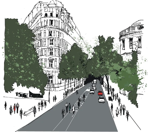 Ilustración vectorial de la escena de la calle Whitehall con peatones, Londres — Archivo Imágenes Vectoriales