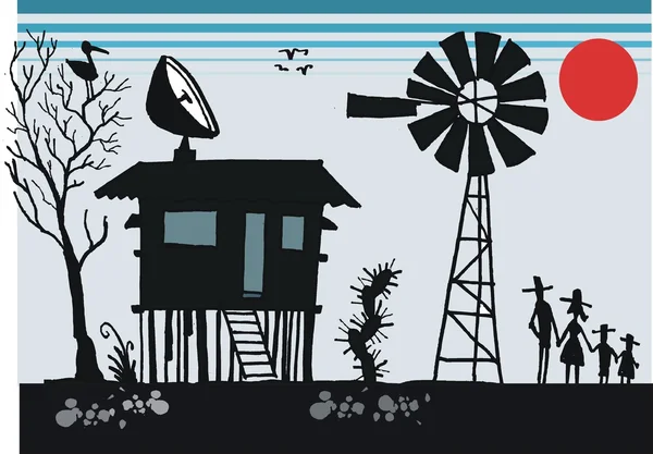Vector cartoon of old Australian outback shack with satellite dish on roof — Stock Vector