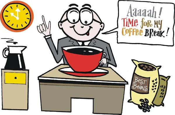 Vettoriale cartone animato di uomo in ufficio con grande tazza di caffè — Vettoriale Stock