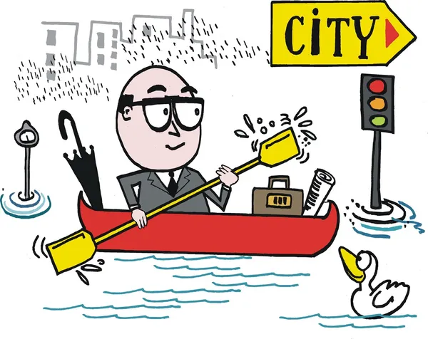 Caricatura vectorial del hombre viajando al trabajo en canoa — Vector de stock