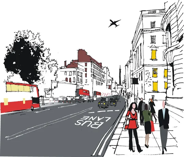 Ilustración vectorial de la calle de Londres con peatones — Archivo Imágenes Vectoriales