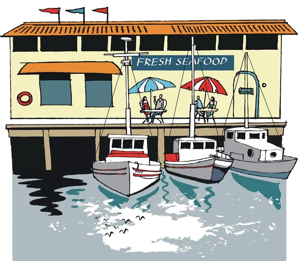 Векторная иллюстрация лодок, стоящих на якоре ресторана морепродуктов — стоковый вектор