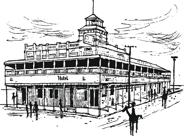 Ilustração vetorial do antigo hotel no centro da cidade australiana com pedestres . — Vetor de Stock