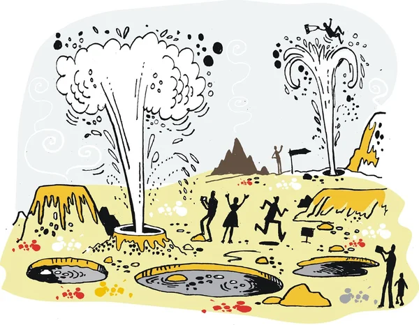 Illustration vectorielle de touristes en zone thermale avec des geysers — Image vectorielle