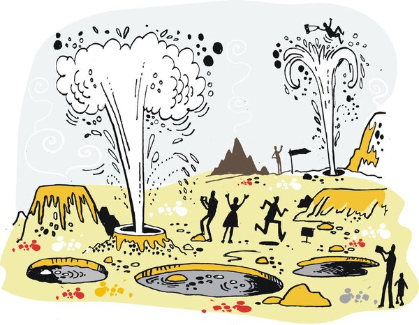 Vector illustration of tourists in thermal area with geysers