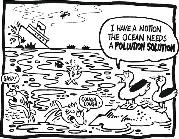 Desenhos animados vetoriais mostrando petroleiro jorrando poluição para o oceano — Vetor de Stock