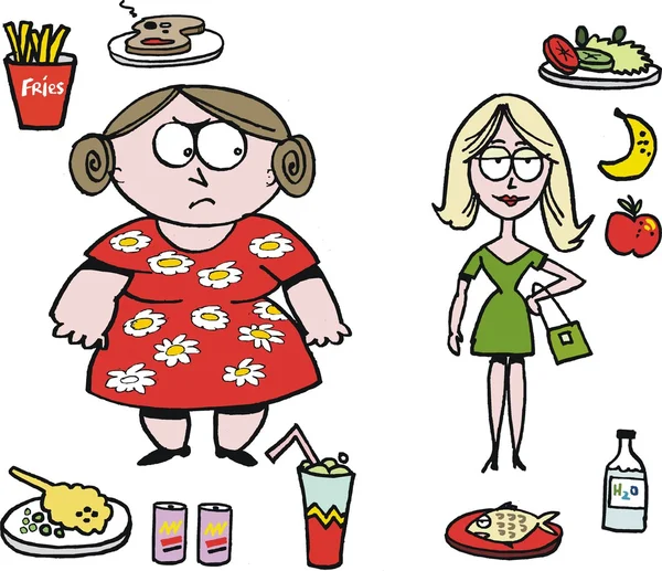 Vector de dibujos animados de mujer con sobrepeso con comida rápida — Vector de stock