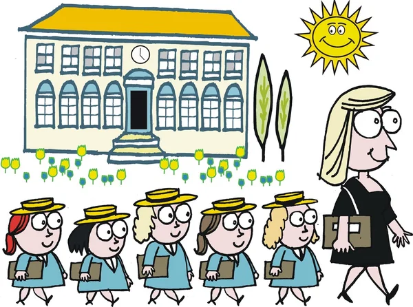 Vector cartoon of school teacher with pupils