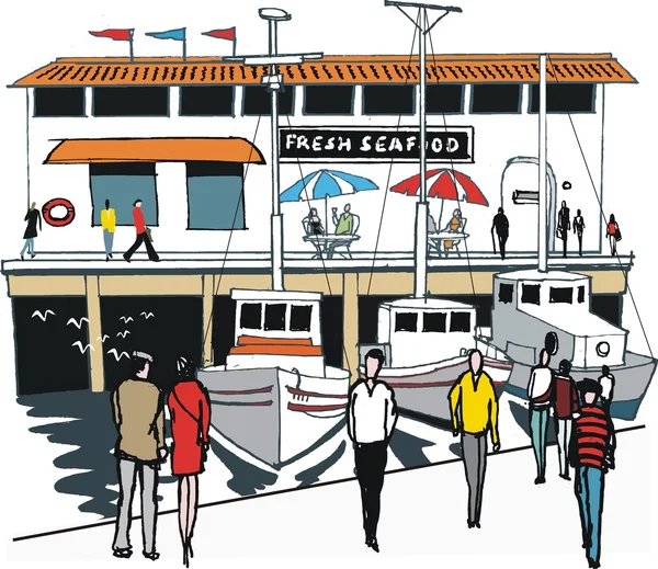 Ilustração vetorial de barcos ancorados pelo restaurante de frutos do mar — Vetor de Stock