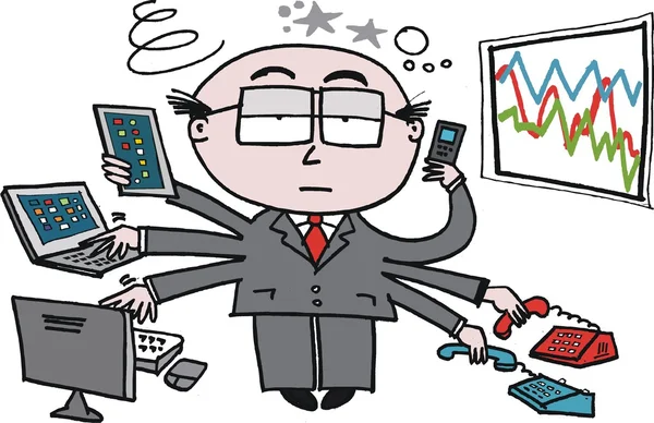 Cartone animato vettoriale di uomo d'affari che utilizza nuove tecnologie in ufficio . — Vettoriale Stock