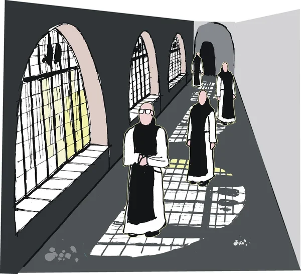 Vector illustration of monks in monastery — Stock Vector
