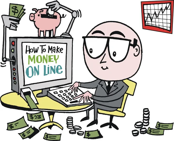 Vector cartoon of business executive making money on internet. — Stock Vector