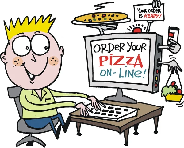 Caricature vectorielle d'un garçon commandant une pizza sur Internet à l'aide d'un ordinateur . — Image vectorielle