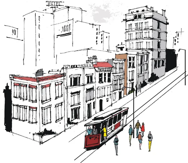 Vectorillustratie van san francisco gebouwen en kabelbaan — Stockvector