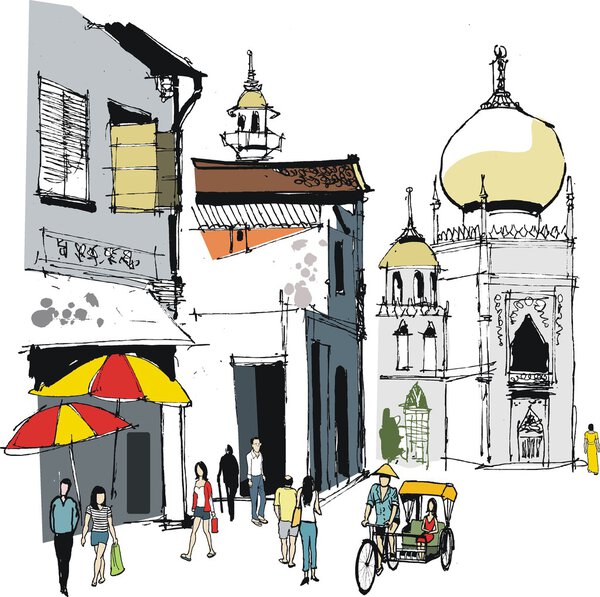 Vector illustration of old buildings and in Singapore