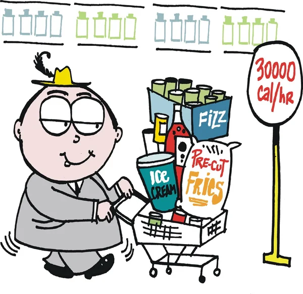 Caricatura vectorial del hombre con sobrepeso comprando alimentos en el supermercado — Archivo Imágenes Vectoriales